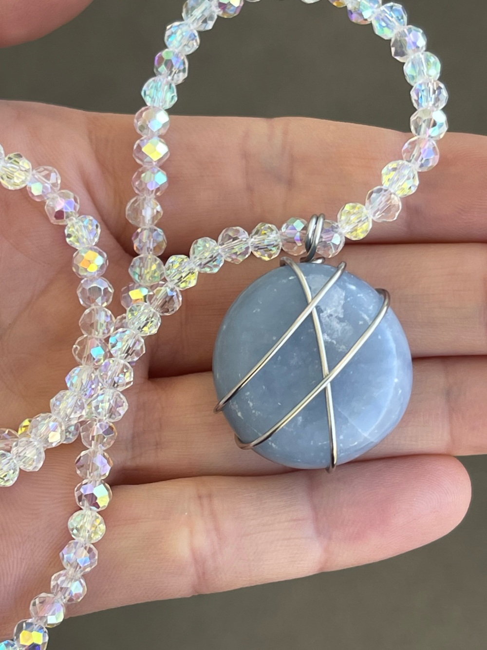 Blue Anhydrite Stainless Steel Sliver Wire Wrap Necklace White AB Glass Beads